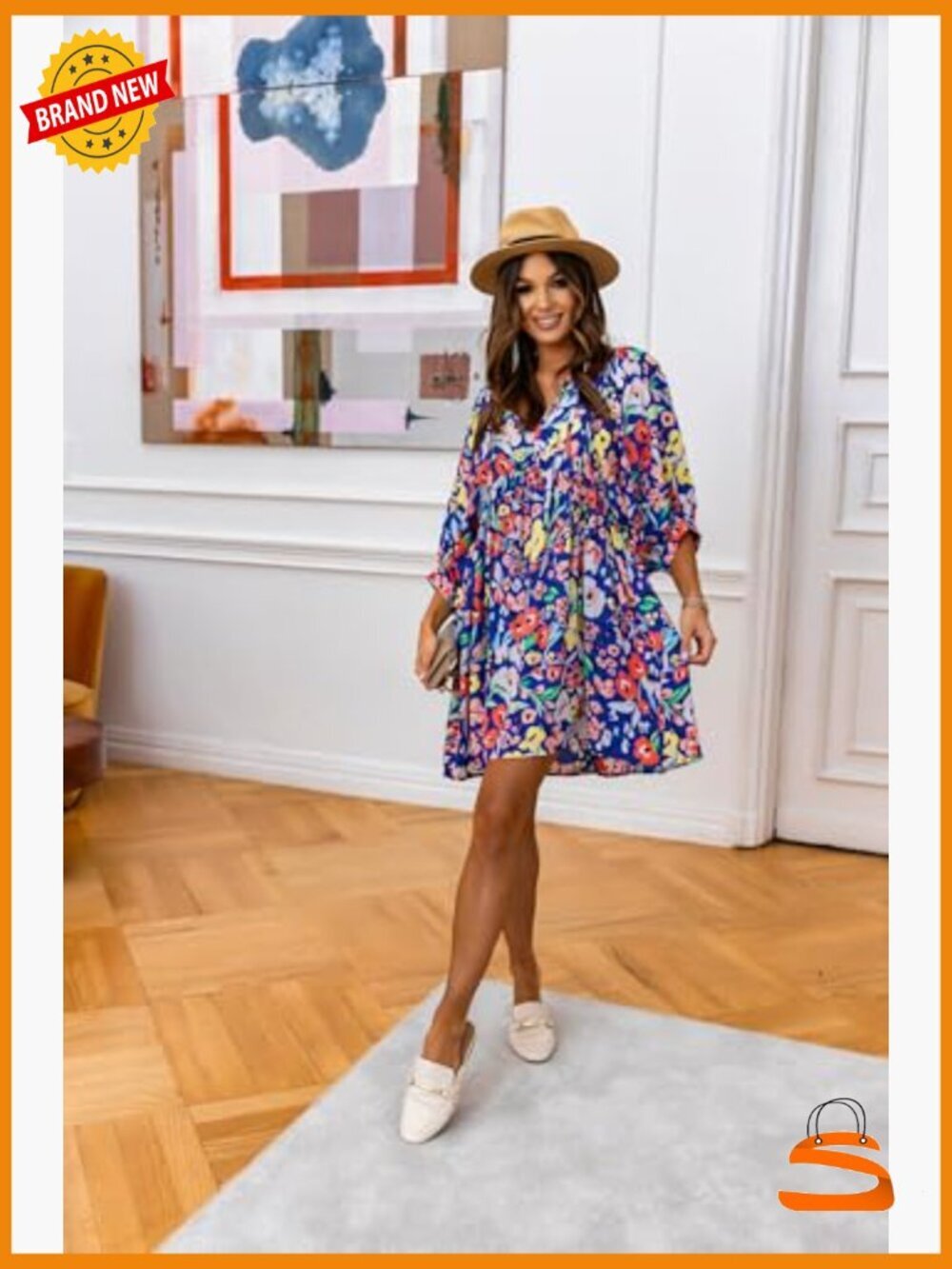 V-Neck Floral Mini Tunic Dress with Puff Sleeves Bohemian - Picture 4 of 7
